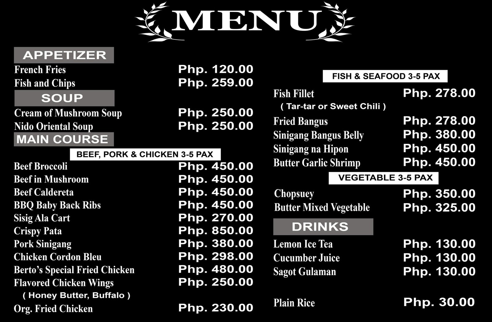 Bertos Cafe menu thumbnail